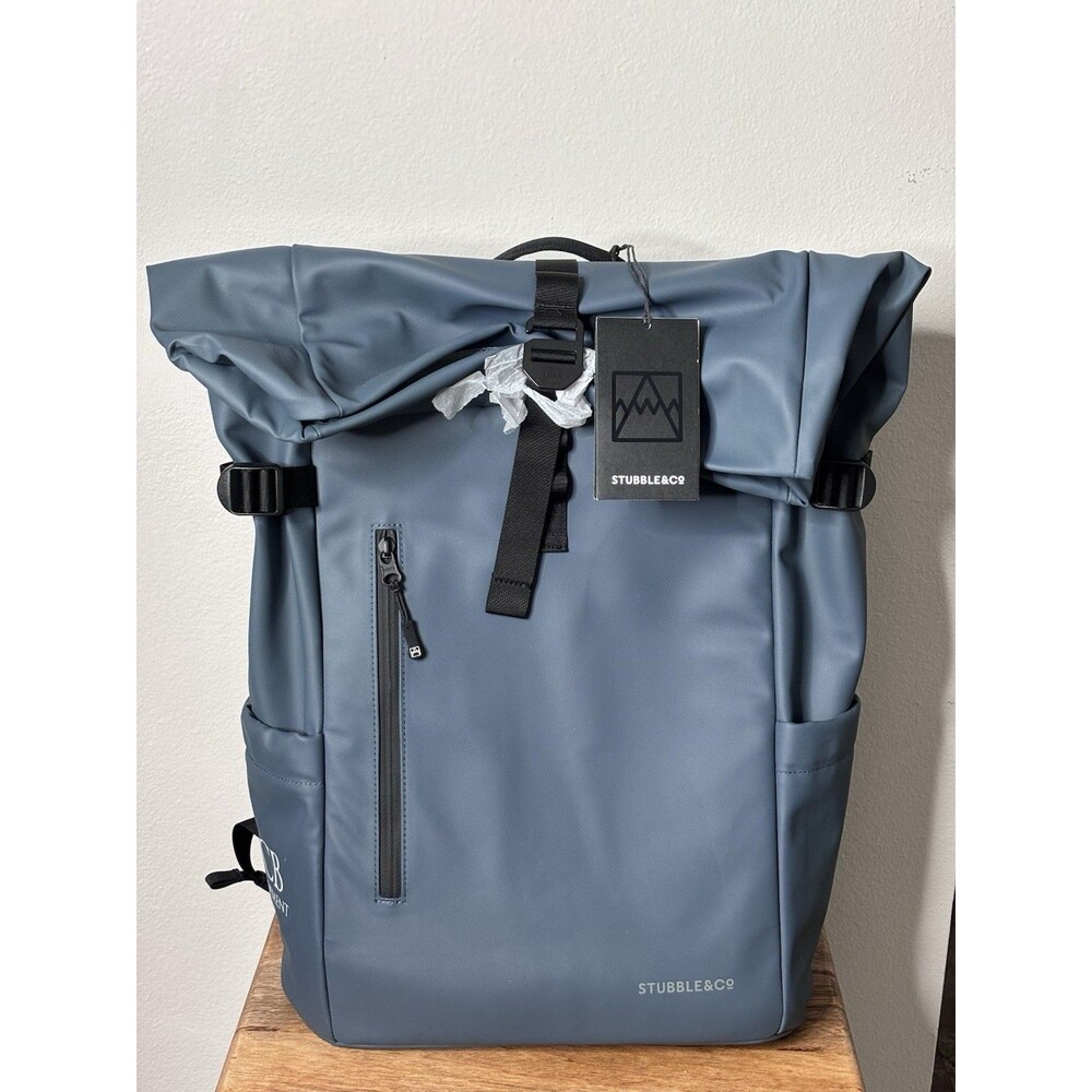Stubble & Co Roll Top Backpack Blue Laptop Bag Pockets 30L-NWT *logo